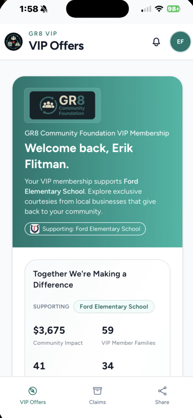 GR8 VIP member app home screen showing the supported school and its community impact