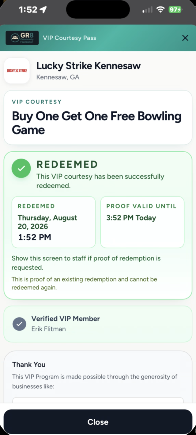 GR8 VIP courtesy pass showing a redeemed offer with timestamped proof of redemption